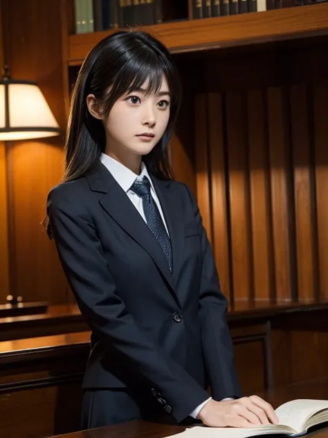 girl, solo, lawyer, Court, 女性lawyer, suit, Court Background, Serious expression, lawyerのバッジ, Courtでの弁論, Law Book, Wooden furnitu...