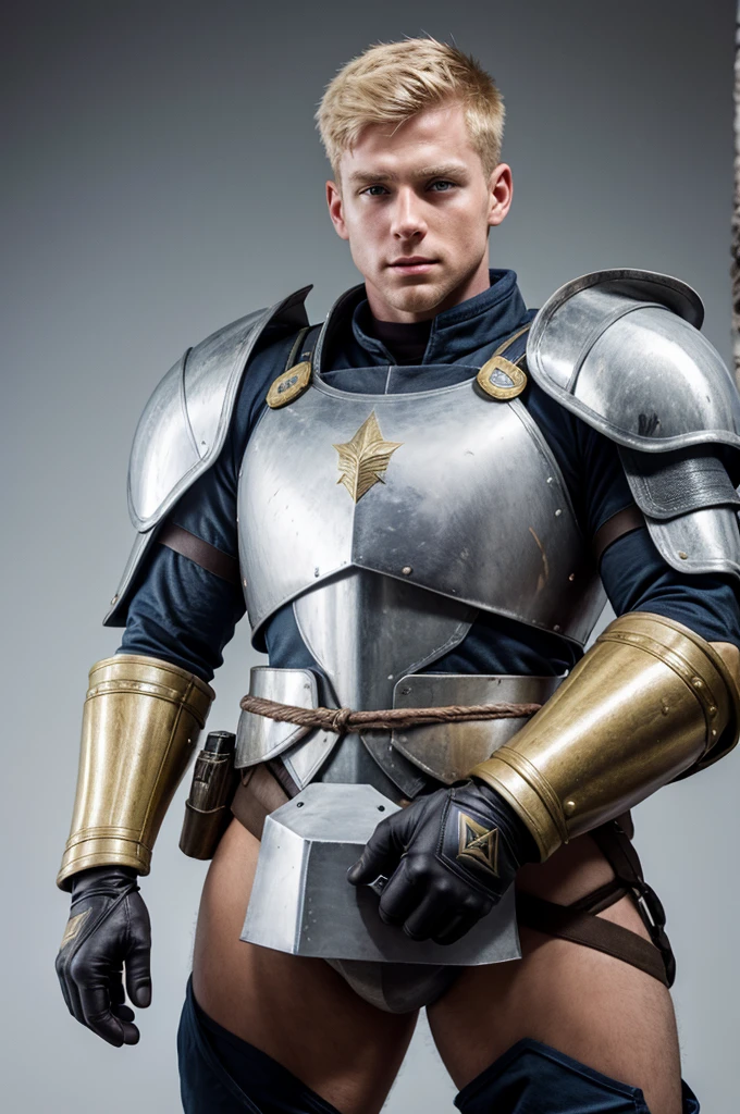 1 officer 22 years old handsome muscular blond, starship armor, solo, realistic, gloves, armor, shoulder patch, body armor, military, helmet, holding a weapon, hungry click