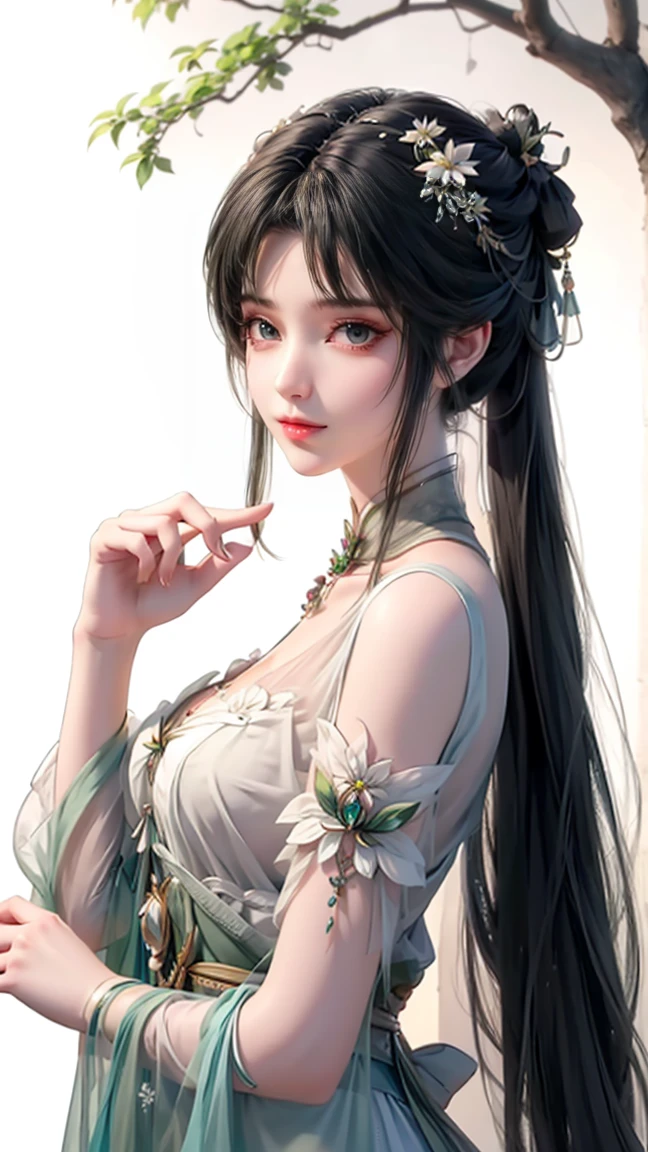 masterpiece, best quality, 8k, cinematic light, ultra high res, chinese painting, 1girl, solo, flower, hair ornament, white background, black hair, hair flower, chinese art, hanfu, branch, long hair, sash, upper body, chinese clothes, jewelry, long sleeves, earrings, flowering branch, 