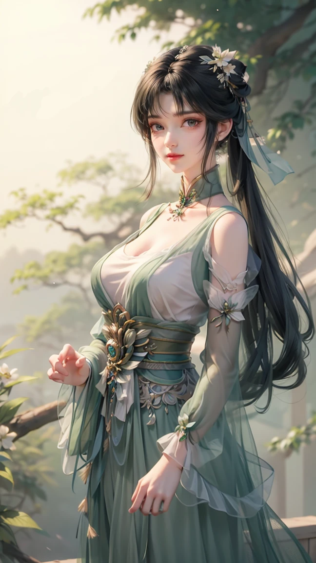 masterpiece, best quality, 8k, cinematic light, ultra high res, chinese painting, 1girl, solo, flower, hair ornament, white background, black hair, hair flower, chinese art, hanfu, branch, long hair, sash, upper body, chinese clothes, jewelry, long sleeves, earrings, flowering branch, 