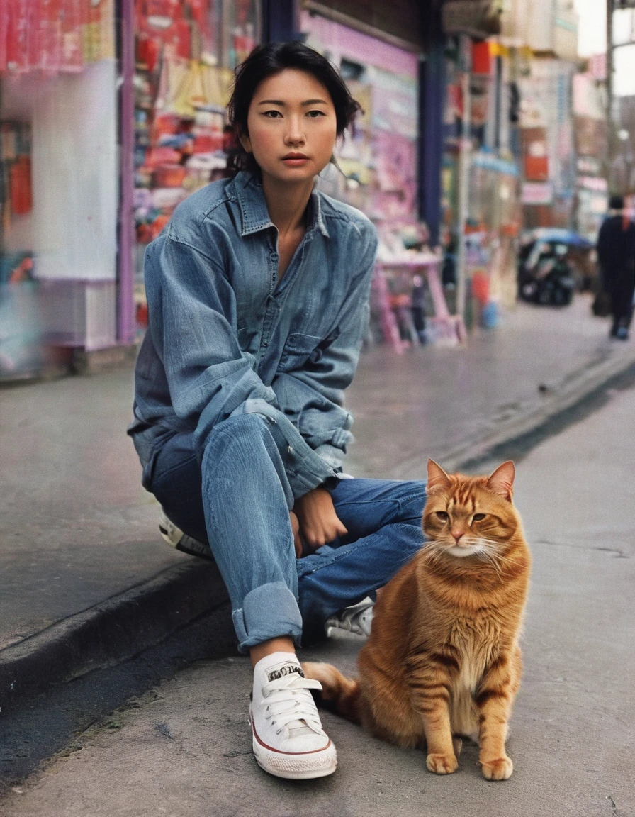 Coup moyen, Meilleure qualité, lumière d&#39;enseigne au néon, bruine, 23 ans, 1fille, asiatique, chemise à manches longues et jean, converser, visage mignon, debout à califourchon devant un magasin fermé, un chat, Journal, expression d'attente, pose dynamique, les looks du film, naturel, ombre et soleil, éclairage ambiant, Esthétique, ultra haute résolution, netteté, très détaillé, Visage et yeux détaillés, créatif, film bokeh, vue surréaliste, photo prise par eos c avec un objectif 35 mm, Angle de film, Portrait par Annie Leibovitz, Milieu du voyage v6