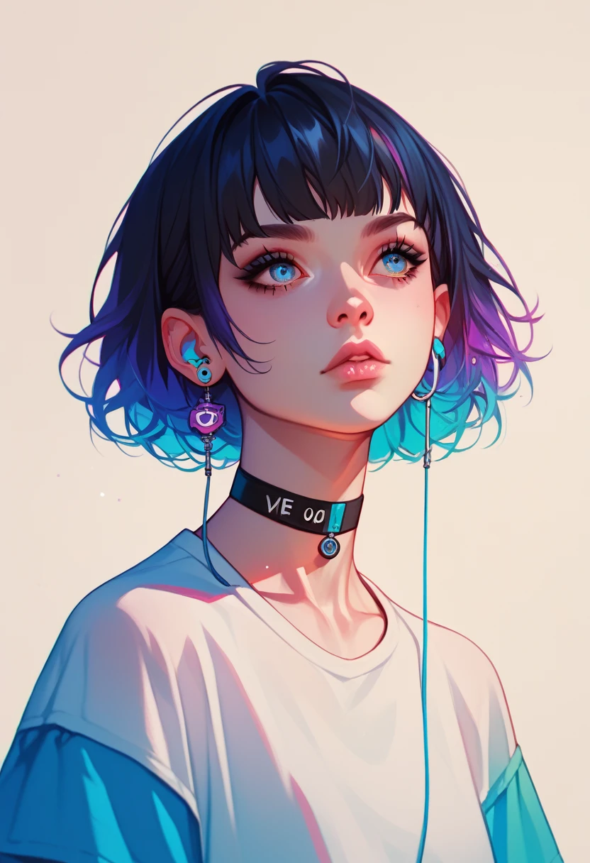 There are mini planets flying over your hair,really short hair, hair made of galaxy and Cosmo, We can see the galaxy by the strand of her hair, . choker. Amber blue eyes. Bblack hair. cyan lips. t - shirt. Earplug 
