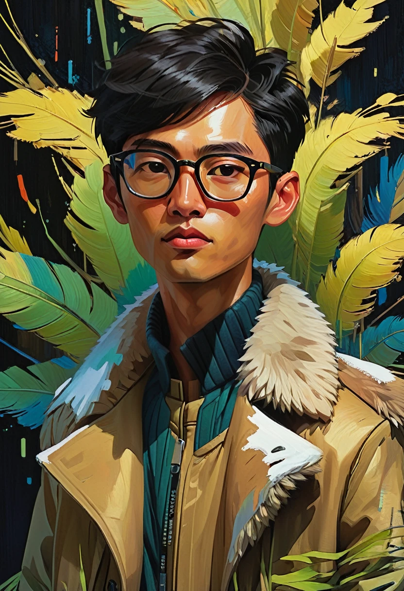 (a_Rostov_style:0.8) illustration, portrait, Man in coat, Black short hair, Asian，young people，wear glasses, Rough brushstrokes, Soothing Tones, Calming colors, Artwork by Greg Rutkowski and artgerm, (Intricate details:1.12), Human Development Report, (Intricate details, Ultra detailed:1.15)，and black background