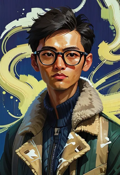 (a_rostov_style:0.8) illustration, portrait, man in coat, black short hair, asian，young people，wear glasses, rough brushstrokes,...