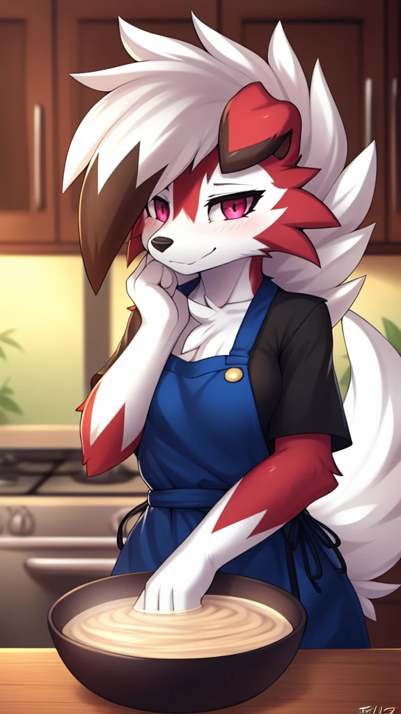 By zinfyu,by twistedscarlet60, uploaded on pixiv, by fluff-kevlar, (masterpiece), (best quality), (solo female:1.2), (extremely detailed:1.3),(detailed eye,black circle on eye,pink eye), lycanroc midnight, view on viewer, close view, shy face, half body on potrait, only body and head, close view, wearing kitchen apron,in kitchen, carying a bowl of soup, (tail:1.1), closeup photo of lycanroc