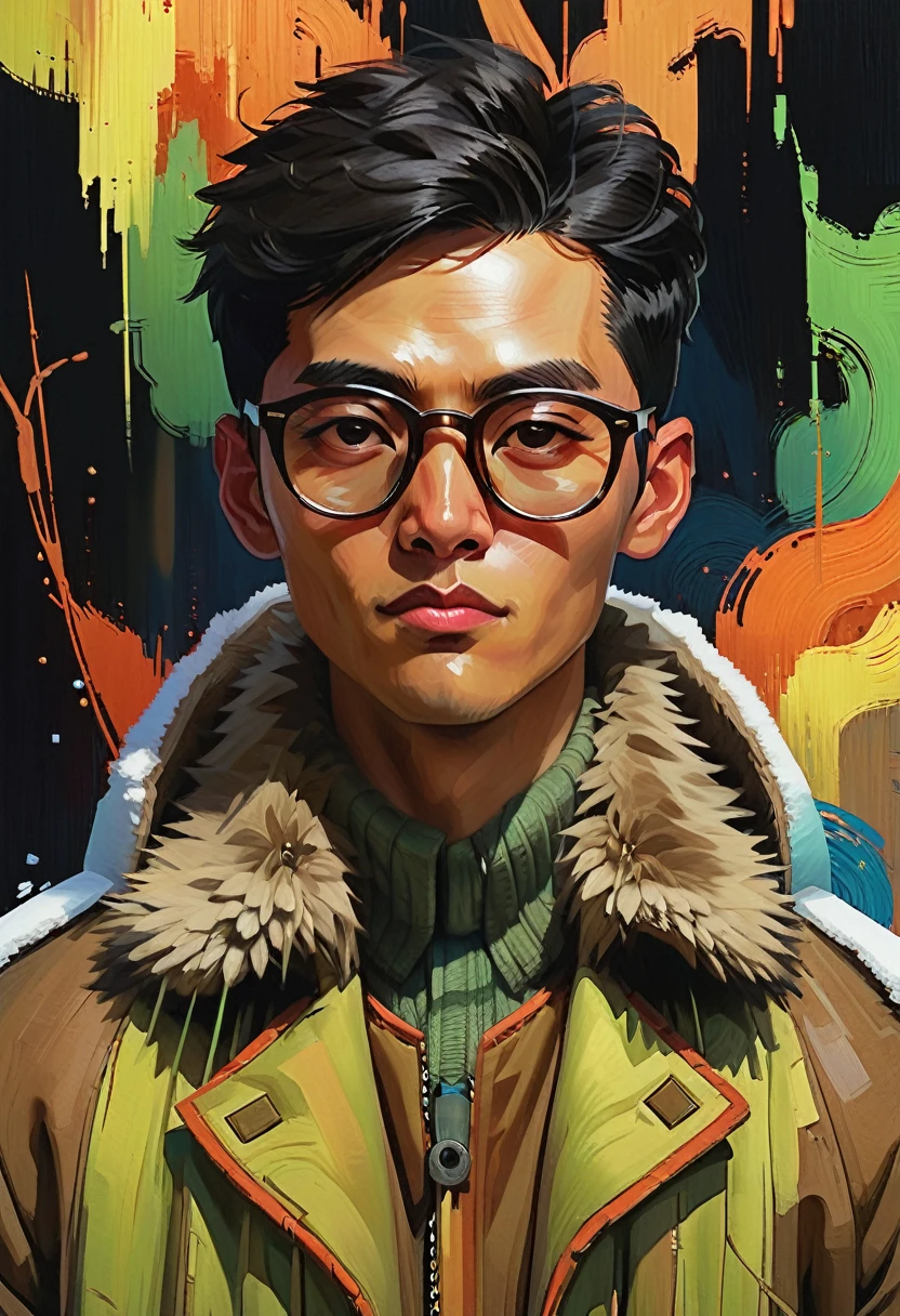 (a_Rostov_style:0.8) illustration, portrait, Man in coat, Black short hair, Asian，young people，wear glasses, Rough brushstrokes, Soothing Tones, Calming colors, Artwork by Greg Rutkowski and artgerm, (Intricate details:1.12), Human Development Report, (Intricate details, Ultra detailed:1.15)，and black background