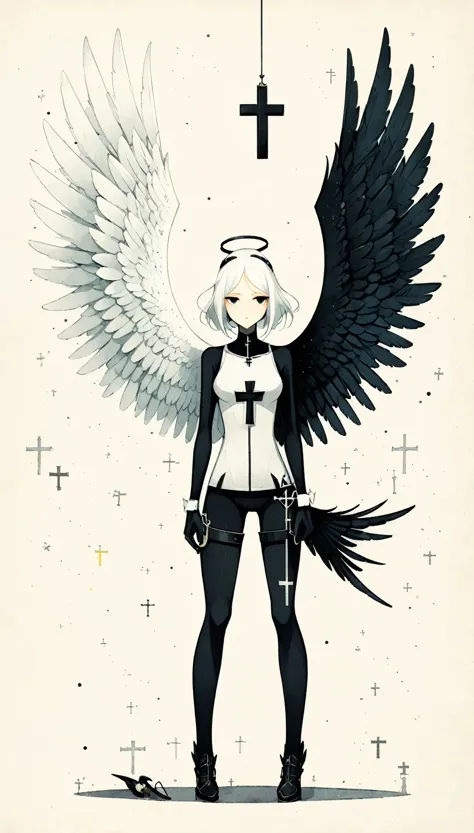 in style of Santiago Caruso,in style of Dan Matutina,(in style of Mike Azevedo:1.4), 1girl,(bikkii:1.3),(withe and black cross angel:1.4),(cross-body stretch:1.2), (black wing and white wing:1.4),