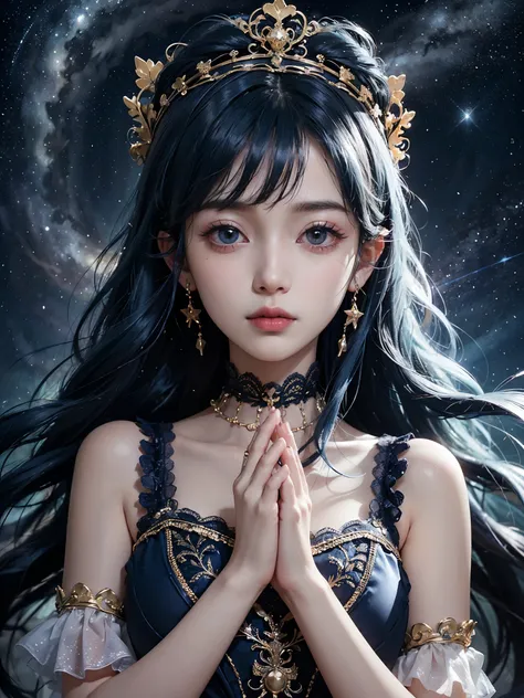 ultra hd、a beautiful blue-haired character、upper body、幼児のようなbig eyes、big eyes、round eyes、prayer、red burning cheeks、night scene w...