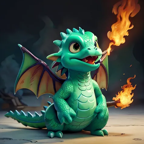 Big cute green dragon、Big Dragon、2 wings、sit、((Open your mouth wide and spit fire:1:1))、Shooting from below front、forward leaning posture、(Putting out flames from the mouth:1.2)