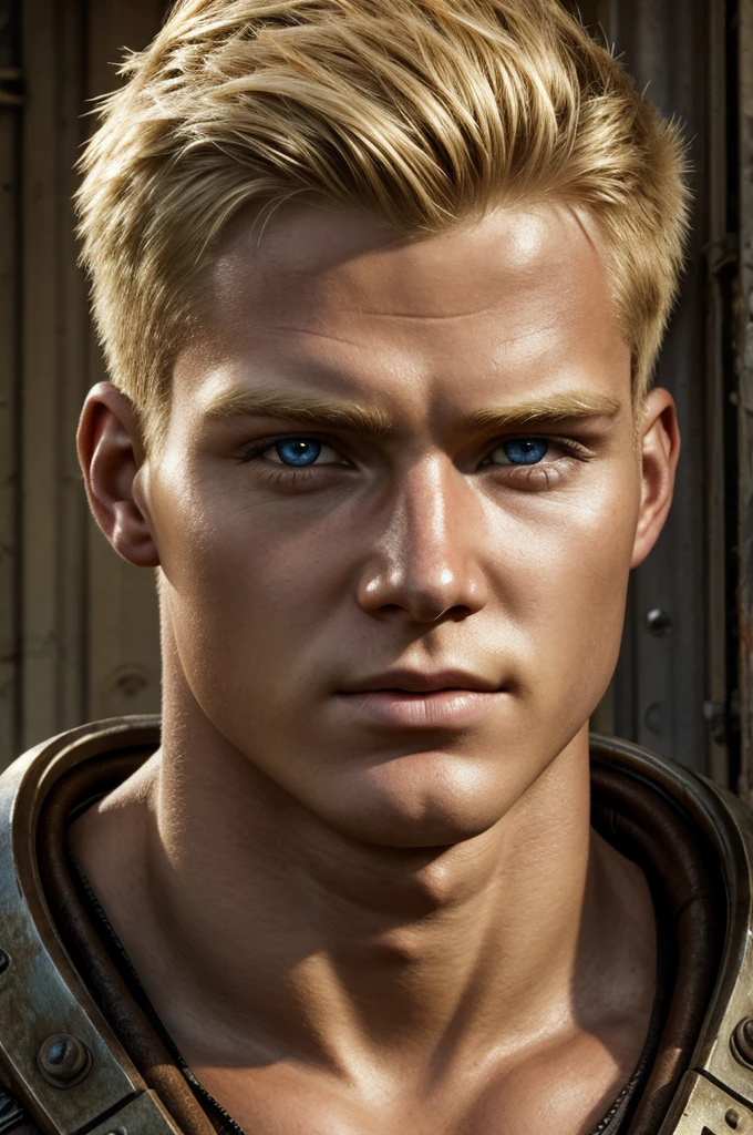 epic professional upper body headshot official art fallout young 20yo male raider, detailed face, smooth features, blonde hair, post-apocalypse, rust, detailed eyes, intricate details