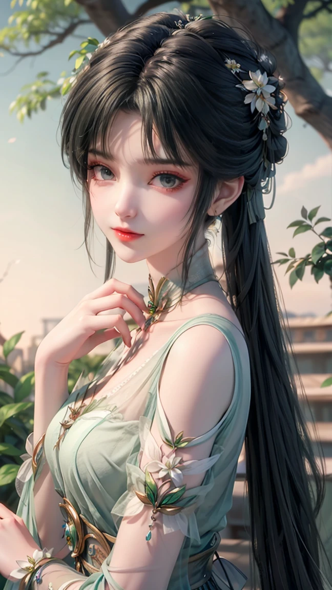 masterpiece, best quality, 8k, cinematic light, ultra high res, chinese painting, 1girl, solo, flower, hair ornament, white background, black hair, hair flower, chinese art, hanfu, branch, long hair, sash, upper body, chinese clothes, jewelry, long sleeves, earrings, flowering branch, 