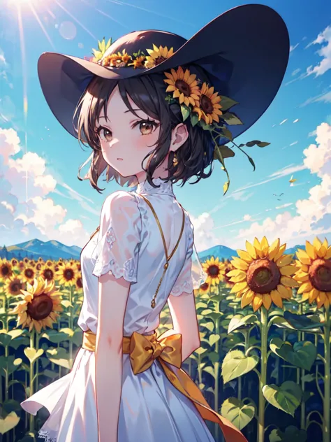 (masterpiece, high quality), (1 girl,), hat, beautiful sunflower, sunflower field, sunflower field, on a sunny day, green_null, ...