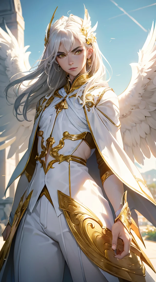 (work of art, best qualityer, ultra HD, 8k, wall-paper), Cinematic sensation, perfects eyes, detailedeyes, a man with white wings showing his entire body, wide and elegant white costume with strategic yellow details, displaying the powerful yellow tones in both of the character&#39;s eyes,, renderize a arte em uma impressionante resolução de 8k para mostrar todos os detalhes complexos, bringing the character and scene to life, set the stage under a clear, star-studded night sky, with the full moon casting its ethereal glow over the environment, capture the cinematic essence.