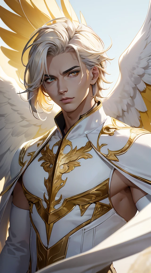 (work of art, best qualityer, ultra HD, 8k, wall-paper), Cinematic sensation, perfects eyes, detailedeyes, a man with white wings showing his entire body, wide and elegant white costume with strategic yellow details, displaying the powerful yellow tones in both of the character&#39;s eyes,, renderize a arte em uma impressionante resolução de 8k para mostrar todos os detalhes complexos, bringing the character and scene to life, set the stage under a clear, star-studded night sky, with the full moon casting its ethereal glow over the environment, capture the cinematic essence.