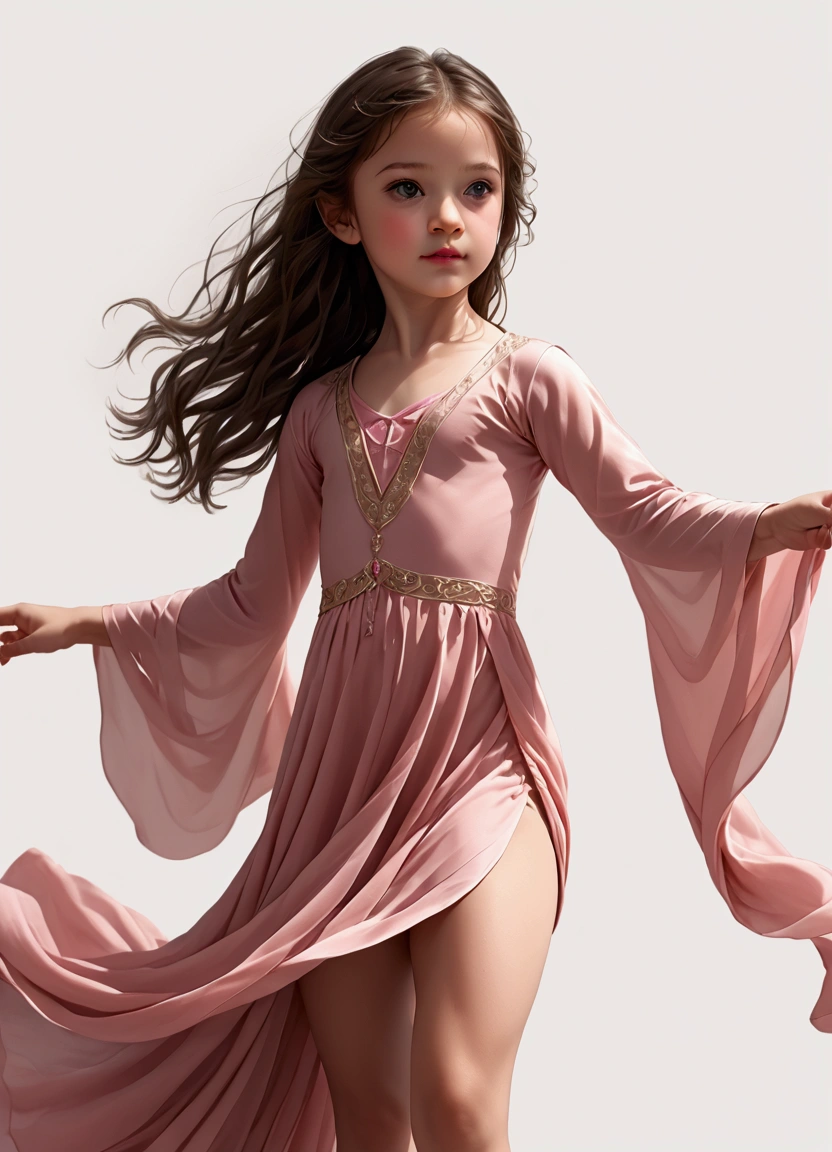 White background，A 9-year-old girl in a pink dress，The movements of the dance；Long hair shawl。whole body，front； Depth of Field, Extraordinary details, masterpiece, high quality, 4K，