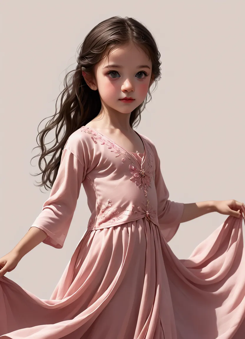 white background，a 9-year-old girl in a pink dress，the movements of the dance；long hair shawl。whole body，front； depth of field, ...