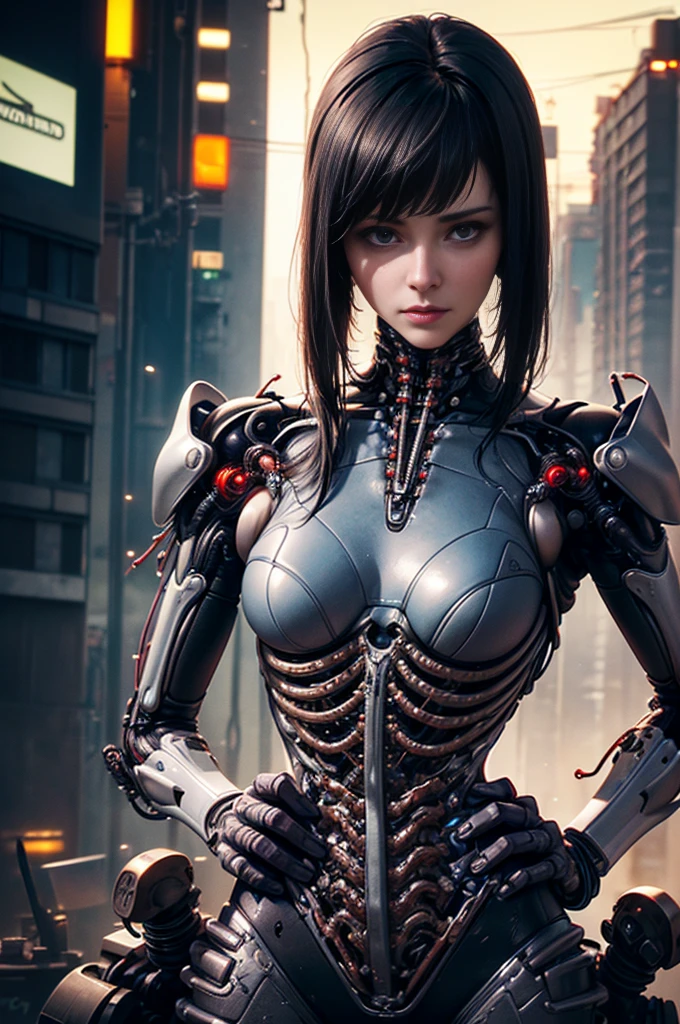 of the highest quality, masutepiece, UltRa High Resolution, ((PhotoRealistic: 1.4), Raw photo, 1 CybeRpunk AndRoid GiRl, Glossy skin, (supeR Realistic details)), Mechanical limbs, Tubes connected to mechanical paRts, Mechanical veRtebRae attached to the spine, Mechanical ceRvical attachment to the neck, WiRes and cables connecting to the head, evangelion, ((Ghost in the Shell)), Small glowing LED lamp, global lighting, Deep Shadows, Octane RendeRing, 8k, ultRashaRp, metals, IntRicate decoRation details, BaRoque style details, high intRicate detailed, Realistic light, TRends in CG, Facing the cameRa, neon details, (andRoid factoRy on backgRound), ARt by H.R. GigeR and Alphonse Mucha.,Light blue eyes
