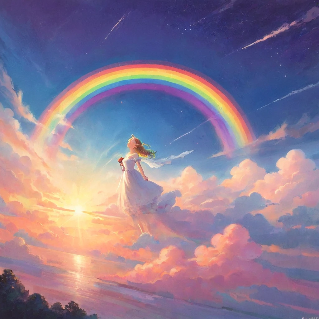 Eine atemberaubend ätherische Frau, bestehend aus einer schillernden Palette von Regenbogenfarben, lehnt sich anmutig am Ende eines strahlenden Regenbogens inmitten der flauschigen Wolken am Himmel zurück. In dynamisches und bezauberndes Licht getaucht, betont ihre lebendige, vollmundige Form. Fantasy-Kunst. Meisterwerk 