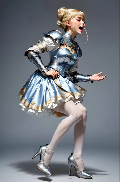 masterpiece, best quality photo, , a beautiful princess knight in armor dress and white tights is screaming, breastplate armor with silk dress, (puffy silk sleeve:1.2), waving skirt, white tights, detailed screaming in pain facial expression:1.1, strongly closed eyes, grimace, rich blonde bun hair, high_heel, 