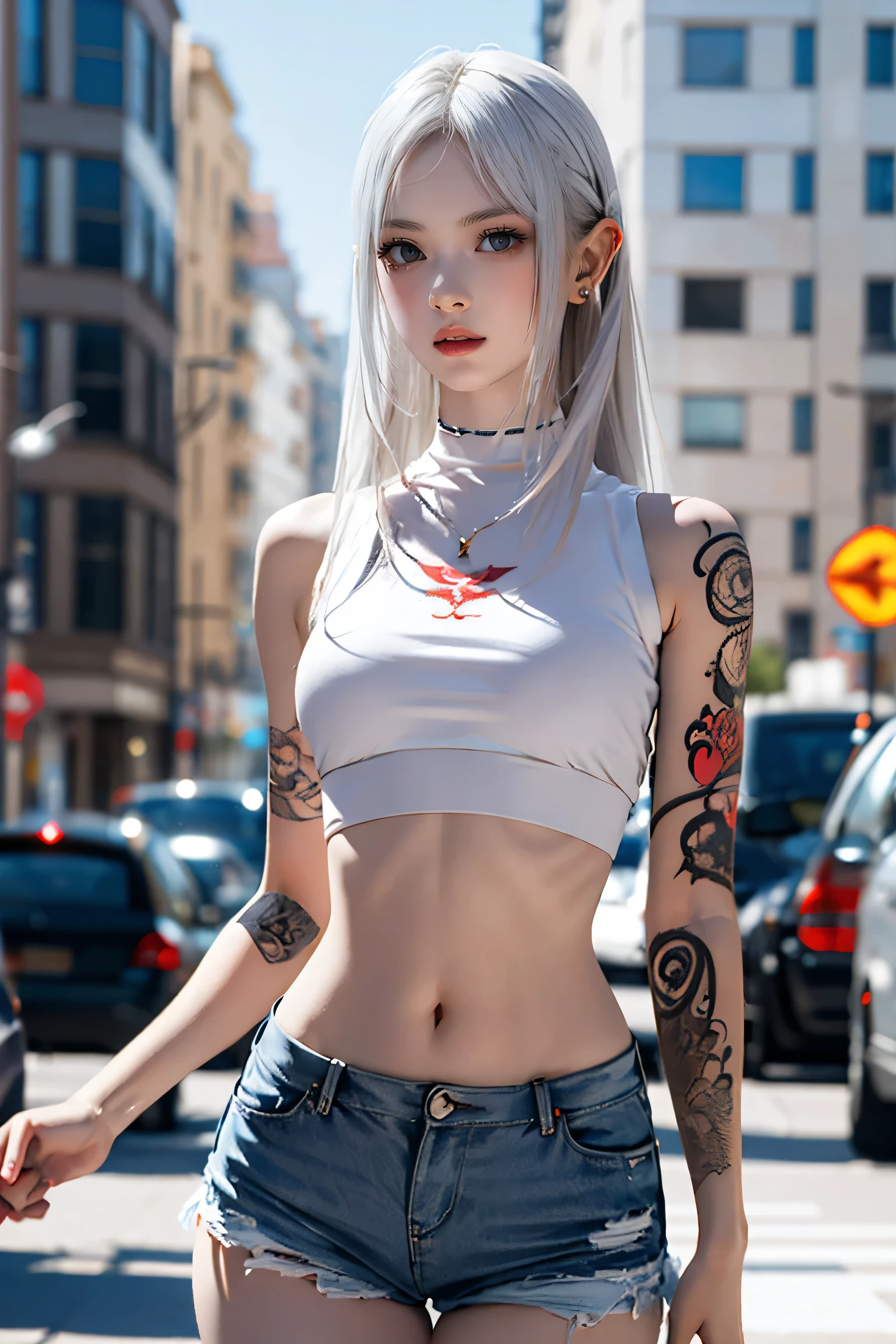 Beautiful college girl in the city，masterpiece，light makeup，Red lips，Silver Hair，Disheveled long hair，Street background，Grace，Grace。A masterpiece of ultra-fine detail，Authentic texture，Realism in film lighting，Perfect piece，8k，khd，Delicate facial features，White skinny turtleneck top，white skinny shorts，Slim figure，Big bright eyes，Smooth Skin，Ear discharge，Choker Necklace,(((He has many tattoos all over his body)), (((Tight waist))), ((Big Breasts)),(See through)，panties,(NSFW:0.8)