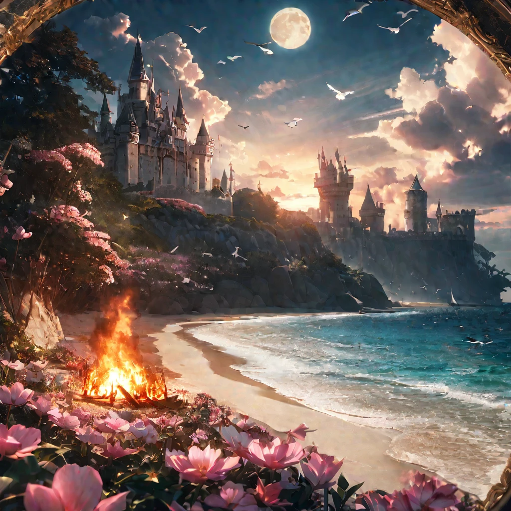 castle, Flowers, Exquisite scenes, Sky, White Cloud, The sun shines on the white sand beach. birds, pink Flowers and bright big shells, Diamond crystal, on the beach, fantasy, night Sky, moon, smokes, fire, photo, HD, 8K, UHD, Super Detail, high quality, 1080P  