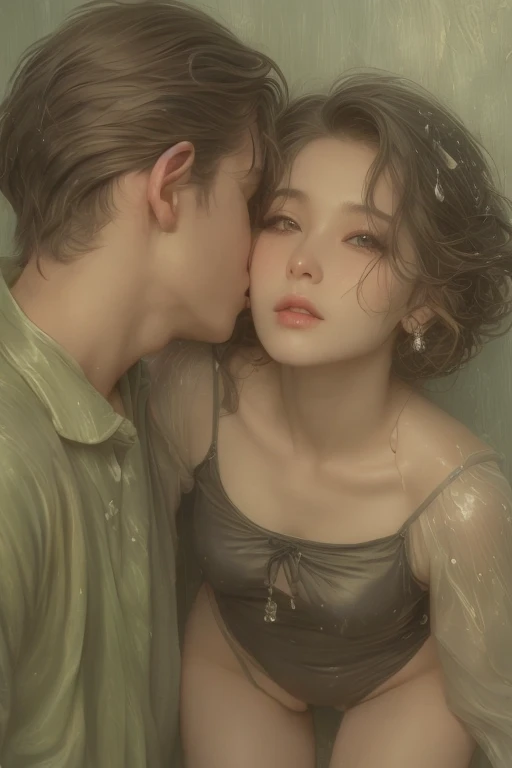 Soft lighting、Dramatic Shadows、A calming color palette、

Couple: Blond man (expensive, Statue-like, good looking, A brave young man with blue eyes, Curly blonde, Wearing an antique grey military uniform) He embraces the dark-haired woman (Sensual woman、Beautiful and detailed、Beautiful and delicate lips、Highly detailed face、Long eyelashes、Elegant appearance、Gothic Dress、A beautiful young femme fatale, she has blackberry eyes, Black panties、Sensual pose、Bold Pose、The skin is damp、sweating、Expressions of Ecstasy、Heavily wet、With water droplets). They are in love with each other. Sketch of、Beautiful Face, Beautiful Face立ち, Perfect image, , Full body image, Detailed Images, Highly detailed illustration, Carefully drawn.Watercolor