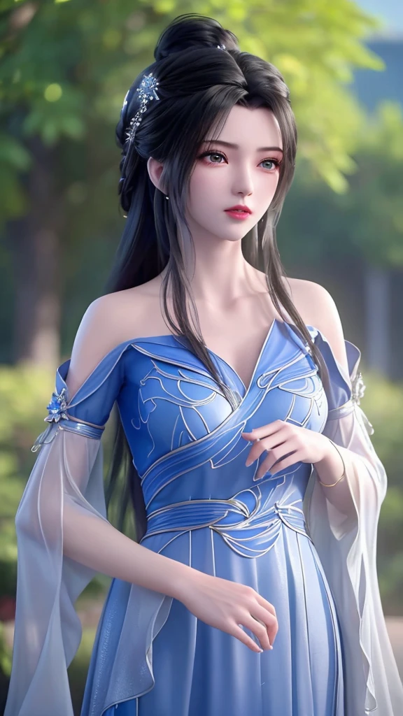 (8K, RAW photos, best quality, masterpiece:1.2),(Practical, photo-Practical:1.4), Extremely detailed, extremely detailed cg 8K wallpaper,(Crystal textured skin:1.2), (Extremely refined),
1 Girl,Solitary, Practical,Black Hair,Long hair,Bare shoulders,Blue Dress,Large Breasts,cleveage, Looking at the audience, outdoor,