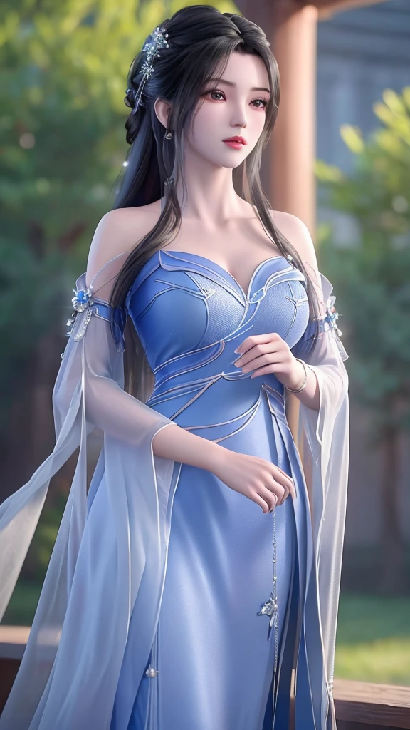 (8K, RAW photos, best quality, masterpiece:1.2),(Practical, photo-Practical:1.4), Extremely detailed, extremely detailed cg 8K wallpaper,(Crystal textured skin:1.2), (Extremely refined),
1 Girl,Solitary, Practical,Black Hair,Long hair,Bare shoulders,Blue Dress,Large Breasts,cleveage, Looking at the audience, outdoor,