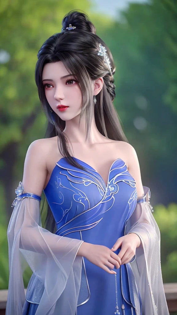 (8K, RAW photos, best quality, masterpiece:1.2),(Practical, photo-Practical:1.4), Extremely detailed, extremely detailed cg 8K wallpaper,(Crystal textured skin:1.2), (Extremely refined),
1 Girl,Solitary, Practical,Black Hair,Long hair,Bare shoulders,Blue Dress,Large Breasts,cleveage, Looking at the audience, outdoor,