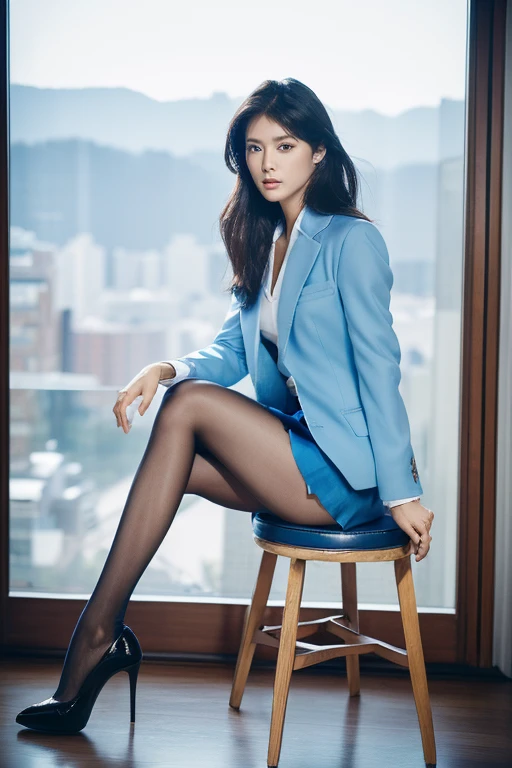 (Highest quality、Ultra-high resolution)、(Full Body Portrait)、(Blue blazer、shirt)、(Long blue skirt:1.3)、(silk pantyhose:1.1、High heels)、Both legs look beautiful、Sitting pose、1 girl、(Large Breastodern architecture in the background、(((Perfect Anatomy, Body, Perfect hands, Perfect Face, Perfect Eyes, Accurate, Anatomically correct))), Perfectly clear and sharp focus, (Highest quality、Ultra-high resolution, masterpiece, Ultra-realistic)、Professional Lighting