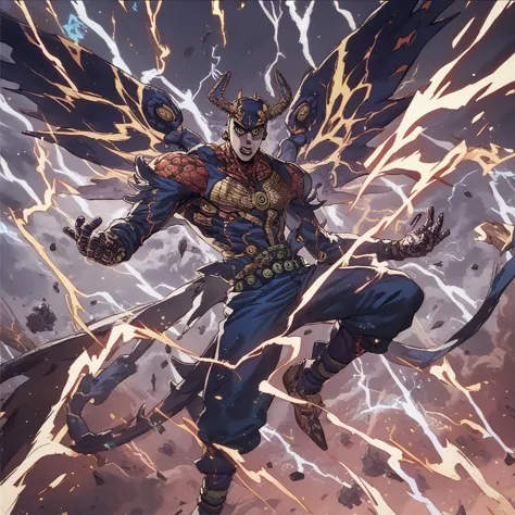 jojo, jojo style, official art, anime, robot staend, form dragon iron wings and horn, male, skin black, bald, power electricity