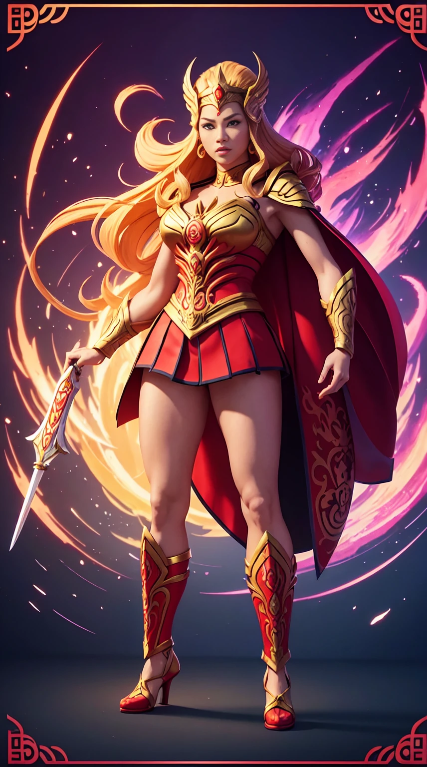 ((Full body photo, standing, feet on the ground))  She-ra, TM Samurai, intricate face details, poster style, icons, vibrant colors, vector style, digital art, 4K, intricate details, mesmerizing, professionally made, beautiful vector illustration, 12K resolution, 3D, all characters in detailed full body, highly detailed, vibrant, ultra high quality, Hyperrealism, Photorealism, octane render]