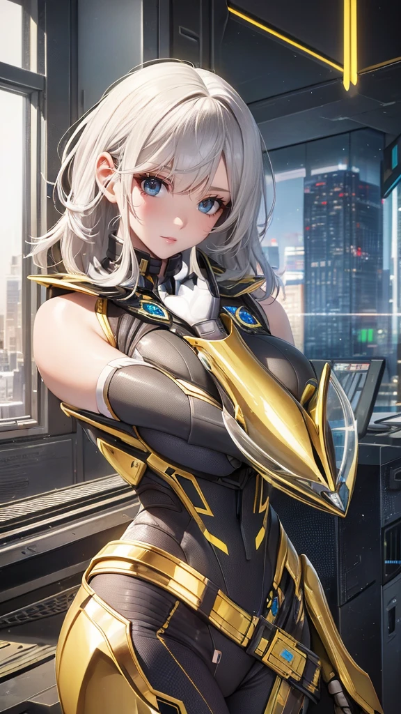 a young girl with pale skin, rosy complexion, large bright blue eyes with vivid details and shiny reflections giving a very lifelike and expressive appearance, neutral but gentle facial expression, slightly parted mouth, short white hair with slightly wavy and well-groomed style, golden metallic technological or ornamental elements fixed in the hair adding a futuristic touch, wearing a futuristic bodysuit made of shiny materials, mostly golden with black accents and integrated blue luminous technological elements on the chest and shoulders, highly detailed design reminiscent of advanced high-tech armor, in the interior of a futuristic spacecraft or installation with windows showing an urban landscape or luminous sky, (best quality,4k,8k,highres,masterpiece:1.2),ultra-detailed,(realistic,photorealistic,photo-realistic:1.37),science fiction,concept art,cinematic lighting,intricate details,dramatic composition