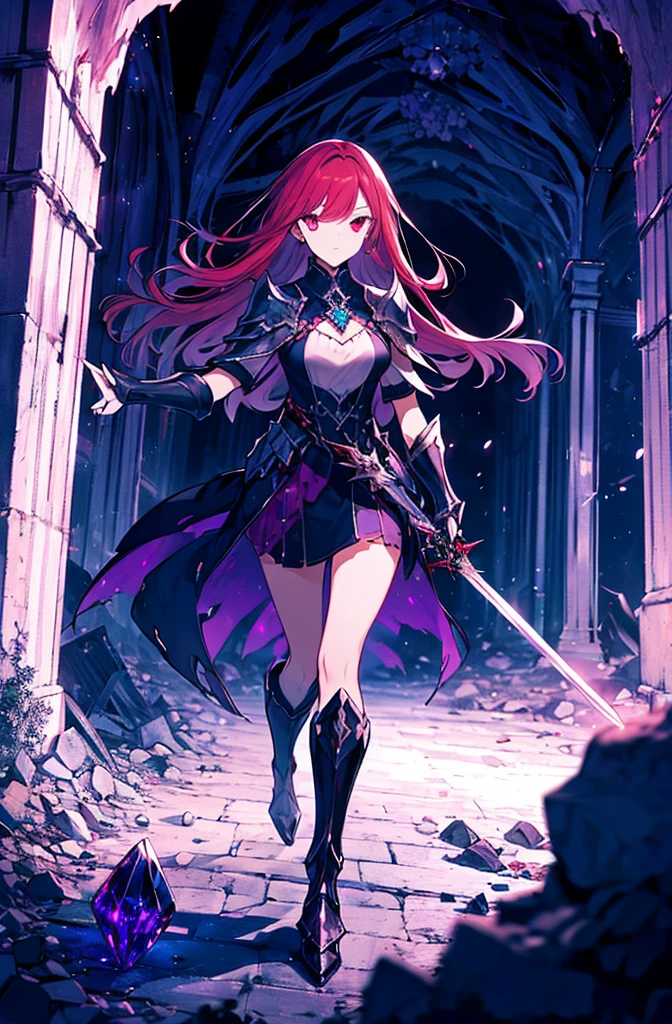 4k,hight resolution,One Woman,Bright red hair,Longhaire,red eyes,knights,white sacred armor,jewel decorations,Big sword,medieval town,furious,((dark cave,ruin place)),((purple crystal)),((purple crystal)),((purple crystal)),((purple crystal)),