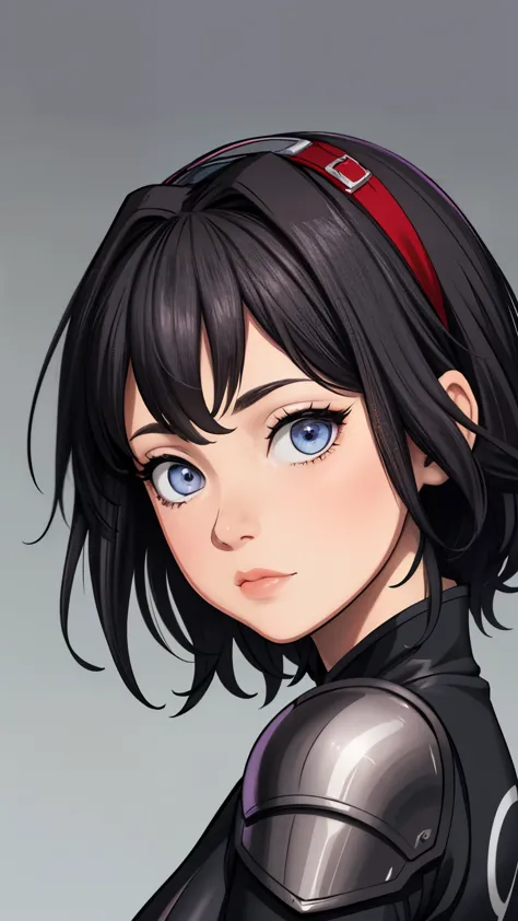 a woman with wavy black hair and purple eyes, black alien armor, freckles, blush, eyeshadow, cute face