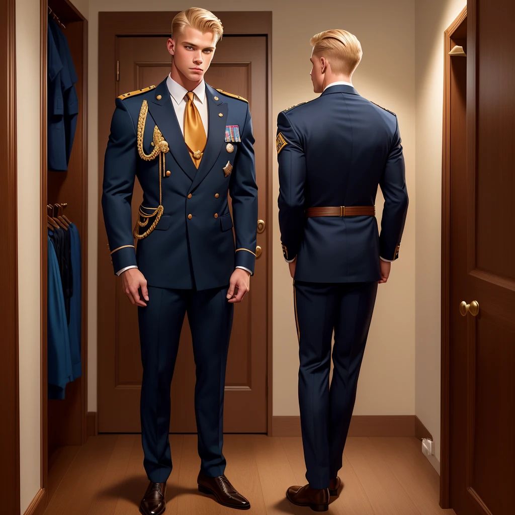 Illustration in the style of Leyendecker: A handsome blond man, 17 years old, wearing only swimming trunks, looks at a SEAL officer's dress uniform with awards, which hangs on a suit hanger on the floor. A muscular blond SEAL officer, 35 years old, is watching him from behind. dressed only in a thong, handsome and arrogant.