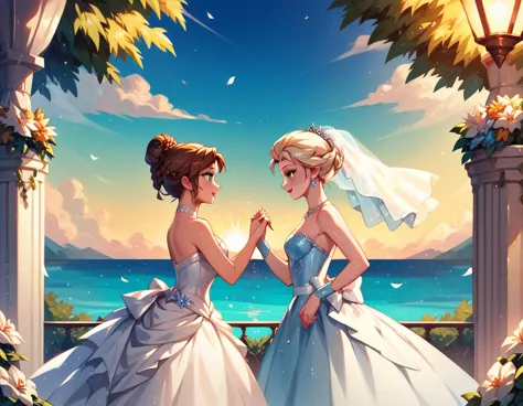 score_9, score_8_up, score_7_up, score_6_up, 2girls, elsa (blonde hair, updo braid, ice blue wedding dress:1.1) and anna (brown ...