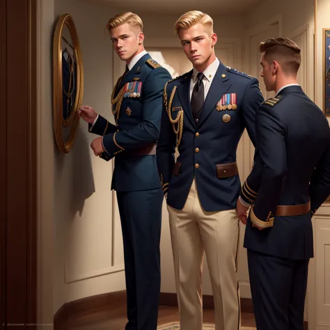 Leyendecker style illustration : A handsome blond guy, 17 years old, looks at the ceremonial officer's uniform of a "Navy Seal" ...