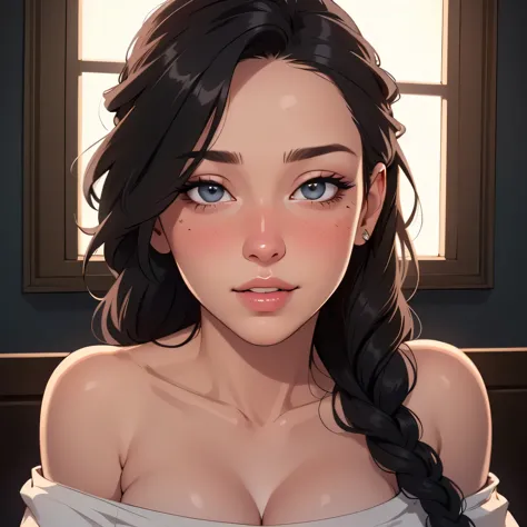 a beautiful woman with long black braided hair, seductive soft eyes, blushing hard, pink parted lips with a seductive smile, long neck and collarbone, medium chest and cleavage, wearing an off-shoulder t-shirt exposing her bare shoulders, (best quality,4k,8k,highres,masterpiece:1.2),ultra-detailed,(realistic,photorealistic,photo-realistic:1.37),intricate details,highly detailed face,extremely detailed eyes and face,longeyelashes,beautiful detailed lips,extremely detailed skin,cinematic lighting,warm color tones,chiaroscuro lighting,romantic,sensual,intimate,alluring,captivating