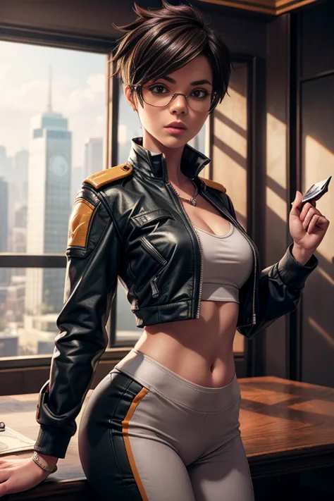 (Sexy),Female Lawyer, Tracer, wearing sexy Lawyer suit, midriff, court, speech, debate, detailed background, Realistic, Movie St...