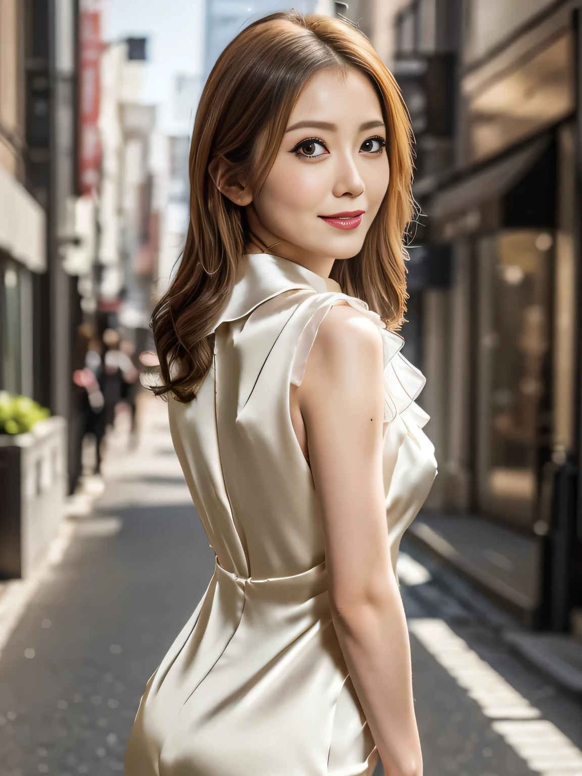 8k, masterpiece, RAW Photos, Highest quality, Realistic, extremely detailed CG unity 8k wallpaper, Depth of written boundary, Cinematic Light, Lens flare, Ray Tracing, (Very beautiful face, Beautiful Lips, Beautiful Eyes), Exquisitely detailed face, ((Highly detailed skin))、Turning around、Buckshot, One Japanese woman, Blonde Long Hair、In the Dark, Deep Shadow, Beautiful Japanese Woman, Very slim, Big smile, (ぼやけたbackground), (backgroundに人がいない:1.3), Clear Eyes, walk, Pale skin, Big eyes, Look forward,((Silk collar dress:1.3)),((tight fitting dress)), (View your viewers:1.3), Medium chest, background：Downtown at night、