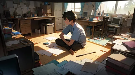 boy sitting, studying at a desk, messy room, with tv, videogame