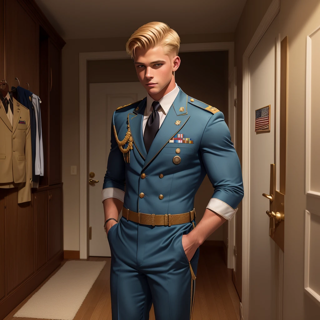 Illustration in the style of Leyendecker: A handsome blond boy, 17 years old, dressed only in swimming trunks, looks at the dress SEAL officer's uniform with awards, which hangs on a suit hanger on the floor. A muscular blond SEAL officer is watching him from behind, 35 years old, dressed only in string, handsome and arrogant.