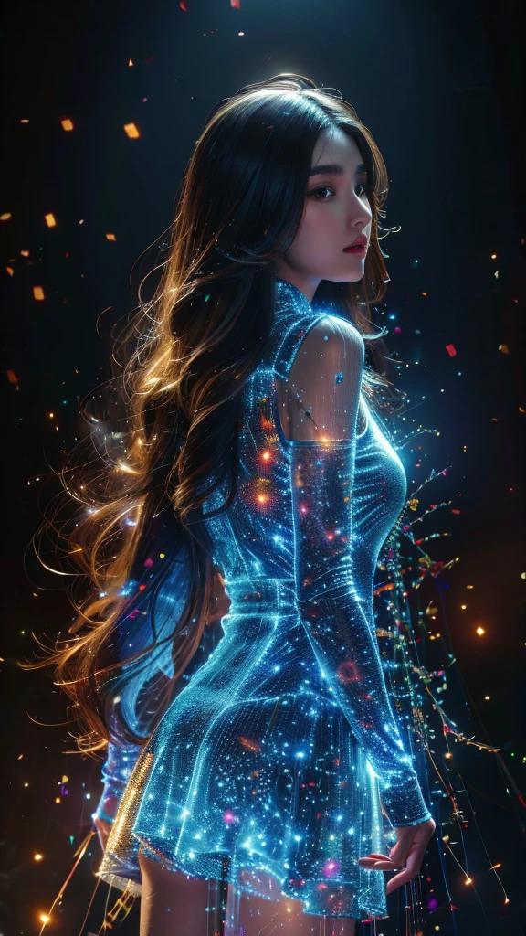 Ultra-Realistic Capture,18k,RAW Photos,Highest quality,masterpiece,reality,Very detailed,Very beautiful woman,Detailed face,Glowing Skin,Rainbow,Automata,cyber punk,18-year-old ,Model body type,slim,So many LEDs,Clothes made of light particles,transparent,Very detailedな電子機器,Connection line,Rainbow colors,Very long hair,Black background,look back,Raise the middle finger,