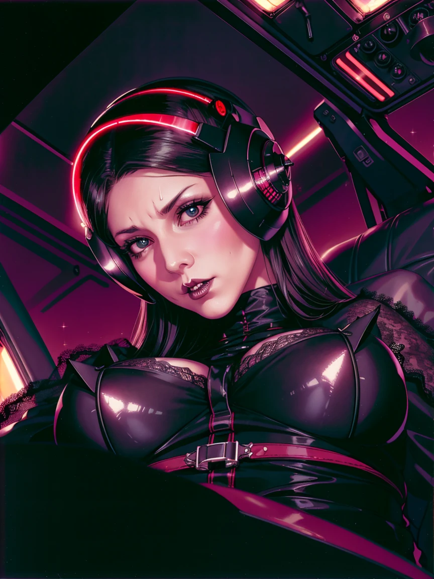 (((gothic vampire piloting) in gothic spacecraft)), (((retro anime))), ((from below)), ((120 fov)), ((((gothic)) control panels)), (((mature))), (((gothic))), (iridescent) bodysuit, ((((lace accessories)))), ((pilot seat)), ((((lying back)) pose)), (((elegant))), (((serious tone))), ((cockpit top control panel)), intricate control panel details, close-up, 1990s (style), masterpiece, ((claustrophobic)), best quality, screens, ((pilot helmet)), night, ((low key light)), (colorful cockpit lights), sparkles, (dramatic lighting), sweat, [blushing], [[pointy ears]], (dark background)
