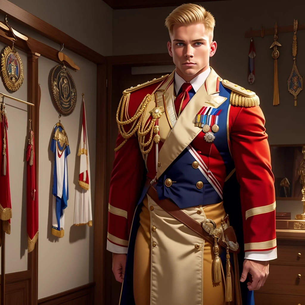 A muscular, beefy blond lieutenant, 25 years old, dressed only in a thong. behind him hangs his dress uniform with awards on a hanger