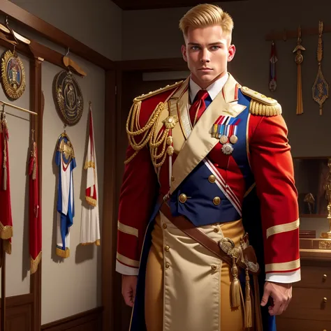 A muscular, beefy blond lieutenant, 25 years old, dressed only in a thong. behind him hangs his dress uniform with awards on a h...