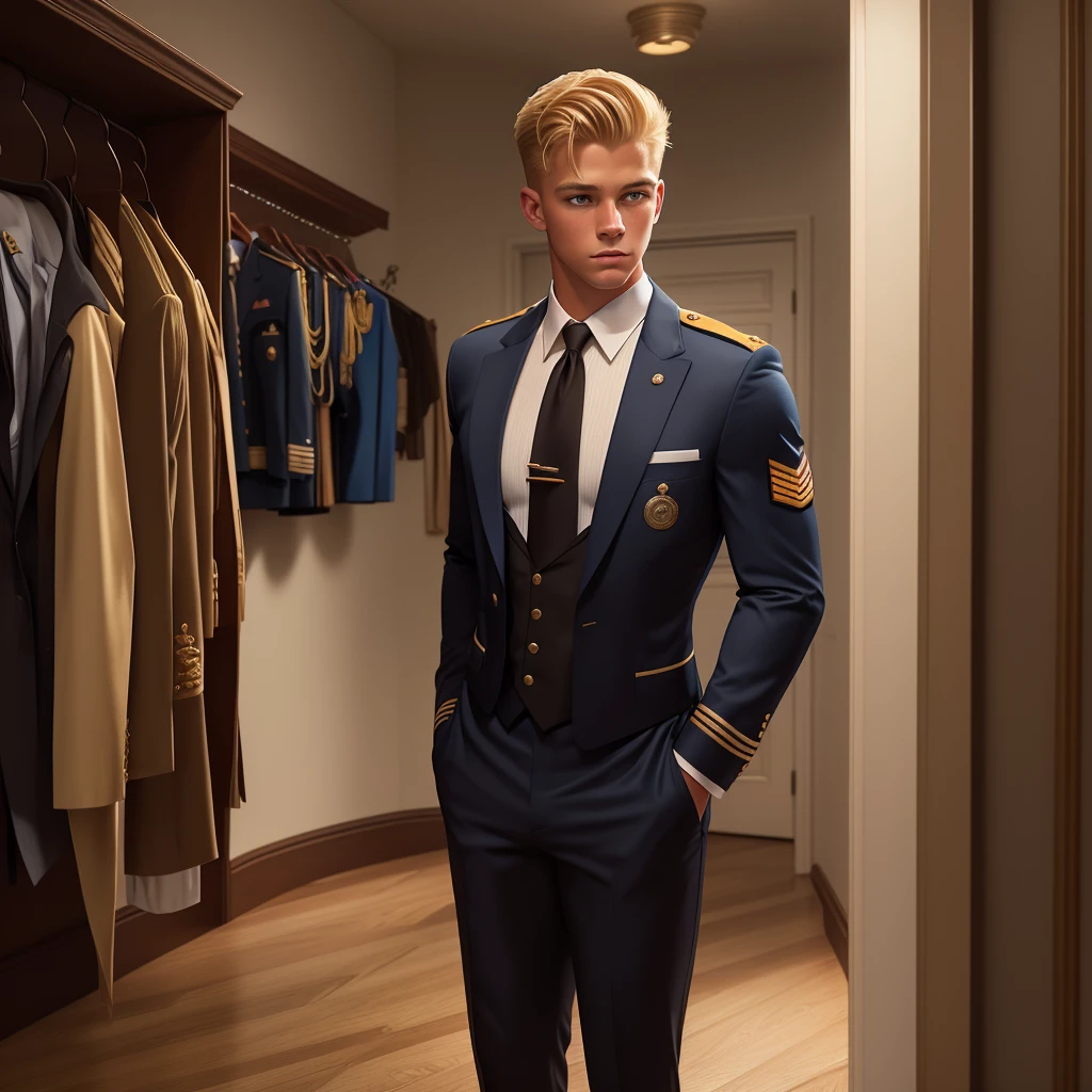 Illustration in the style of Leyendecker: A handsome blond boy, 17 years old, dressed only in swimming trunks, looks at the dress SEAL officer's uniform with awards, which hangs on a suit hanger on the floor. A muscular blond SEAL officer is watching him from behind, 35 years old, dressed only in string, handsome and arrogant.