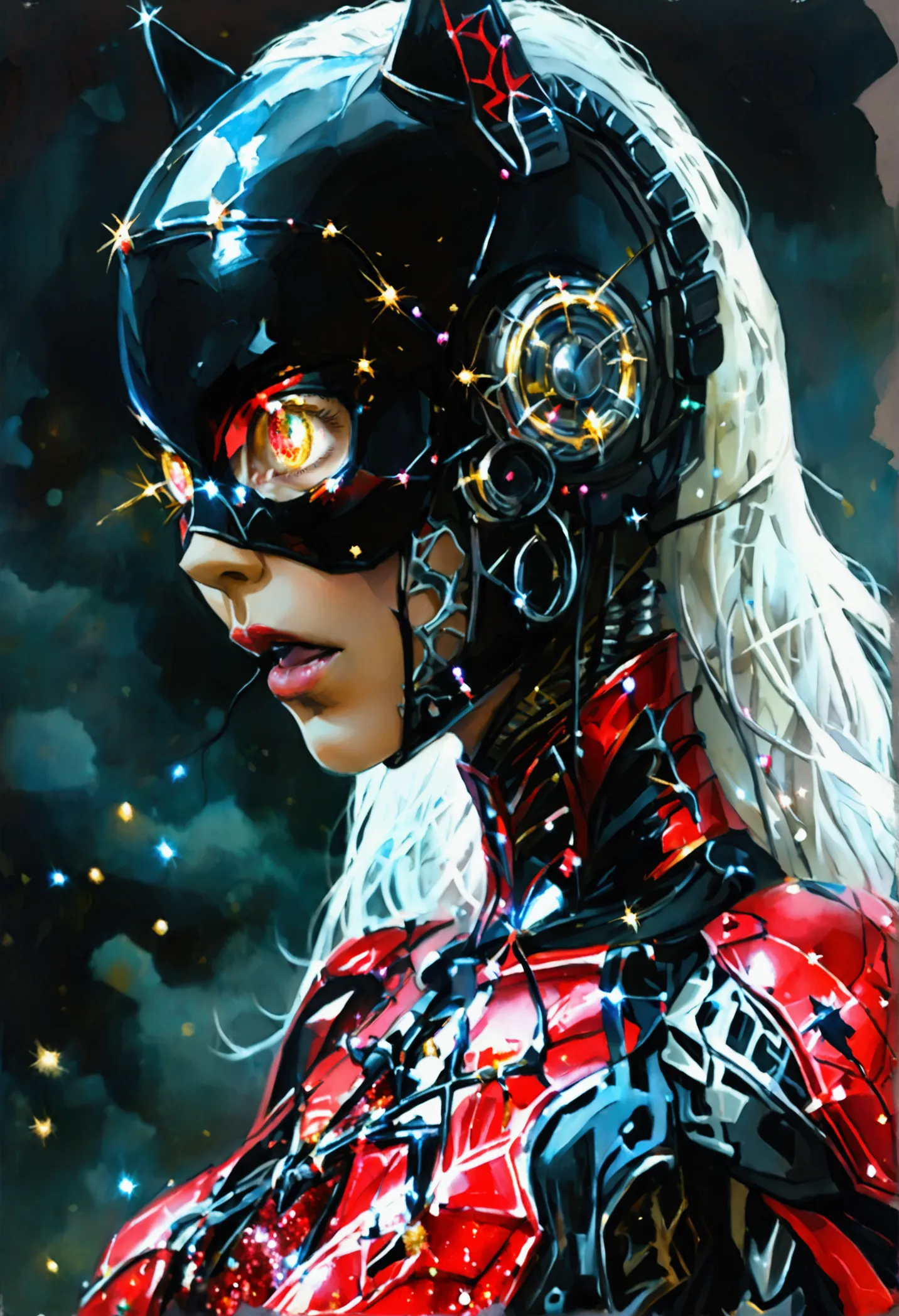 full body , a black bat next to a robot female cyborg , mouth open roaring, titanium red armor with light and glitter, long silv...