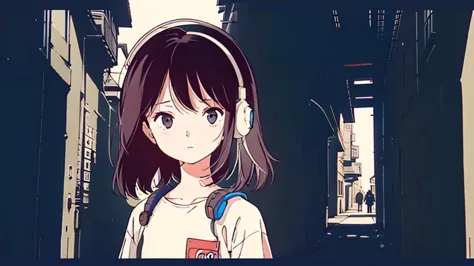 (low contrast), (lofi), (1 girl, black hair, white t-shirts, headphone), (back alleys of the city), (summer)